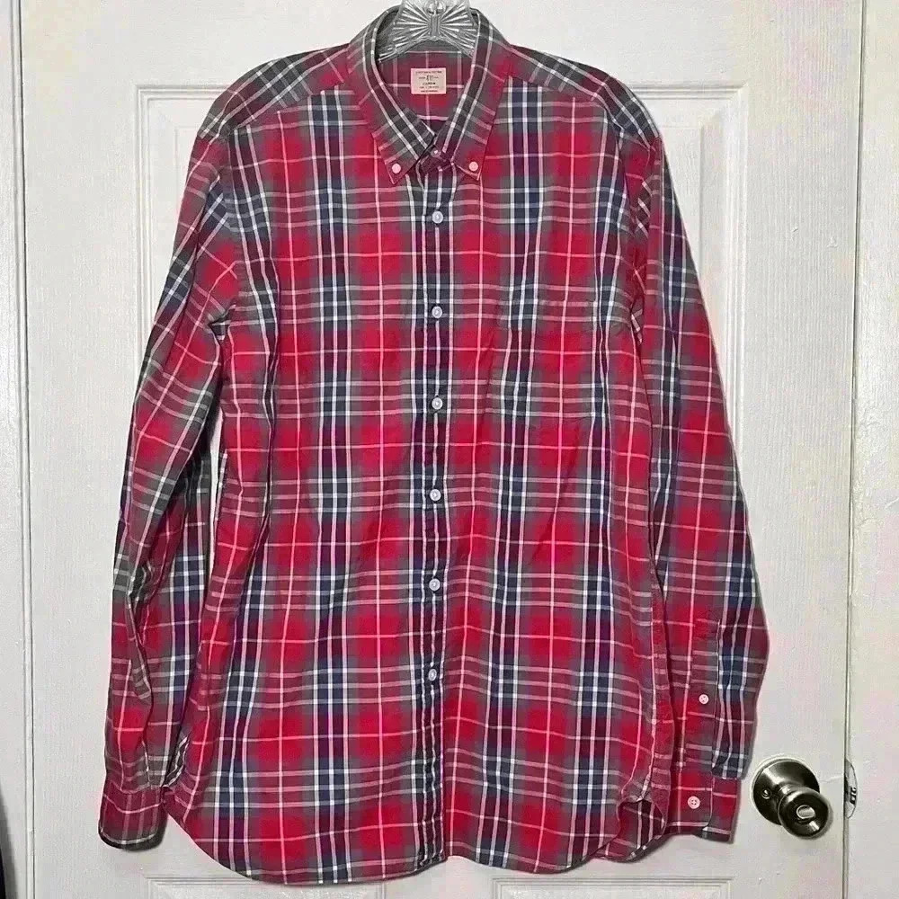 J. CREW Men’s Red and Gray Plaid Button Down | size large (16-16 1/2)